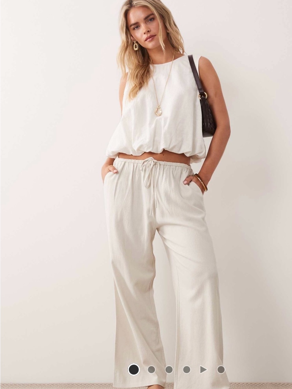 ASOS Light Cream Drawstring Linen-Blend Pants - Picture 3 of 3